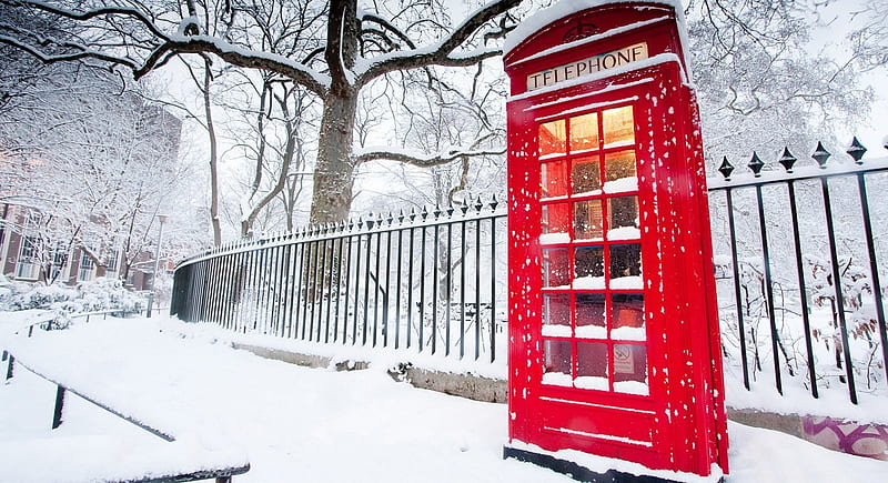 Telephone Box, red, telephone, snow, box, phone, winter, HD wallpaper