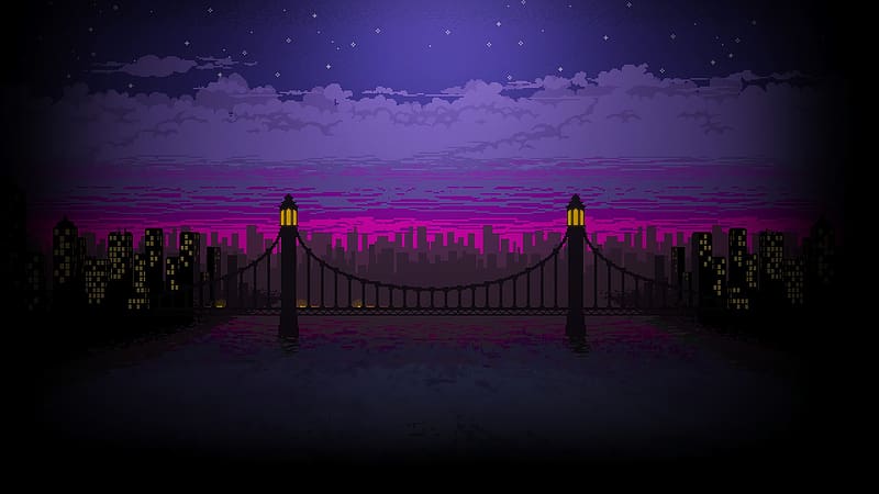 Night, City, Bridge, Artistic, Pixel Art, HD wallpaper