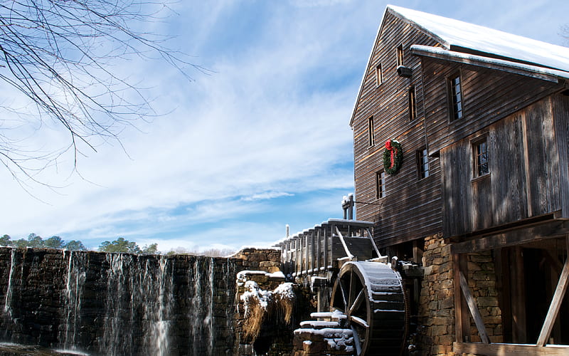 Old Yates Mill, skies, architecture, mill, bonito, clouds, blue, winter, HD wallpaper