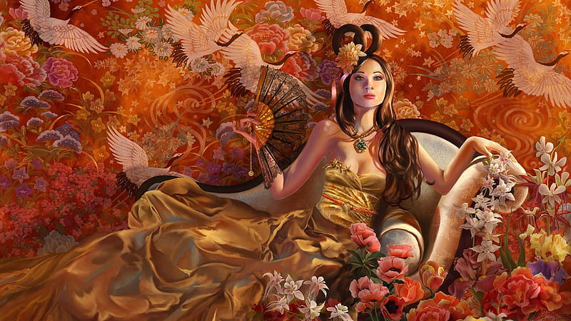 Portrait of a Geisha, red, autumn, brown, orange, birds, kimono, geisha, painting, flowers, portrait, HD wallpaper