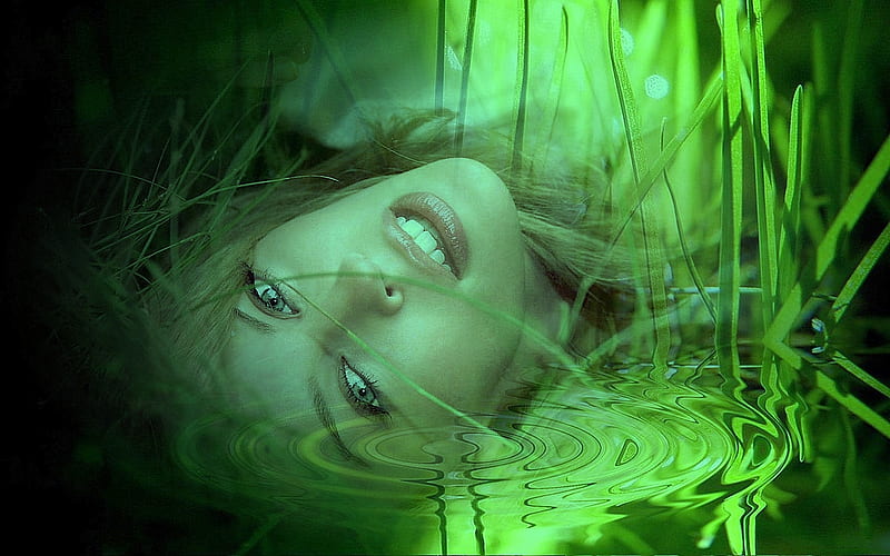 In the Swamp, fantasy, green, grass, woman, swamp, HD wallpaper