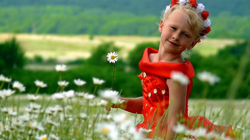 A Day at the flower Fields...., red, dress, heds band, white flowers, smile, trees, picking, cute, girl, mountains, HD wallpaper