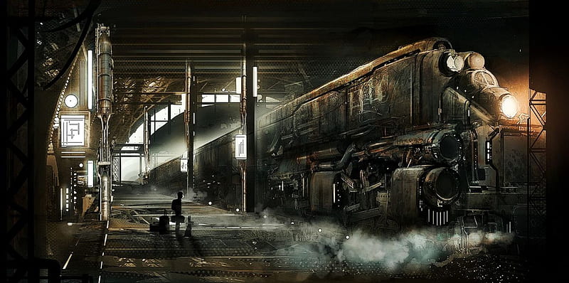 Steampunk Train, locomotive, shed, steam, rails, gigantic, HD wallpaper