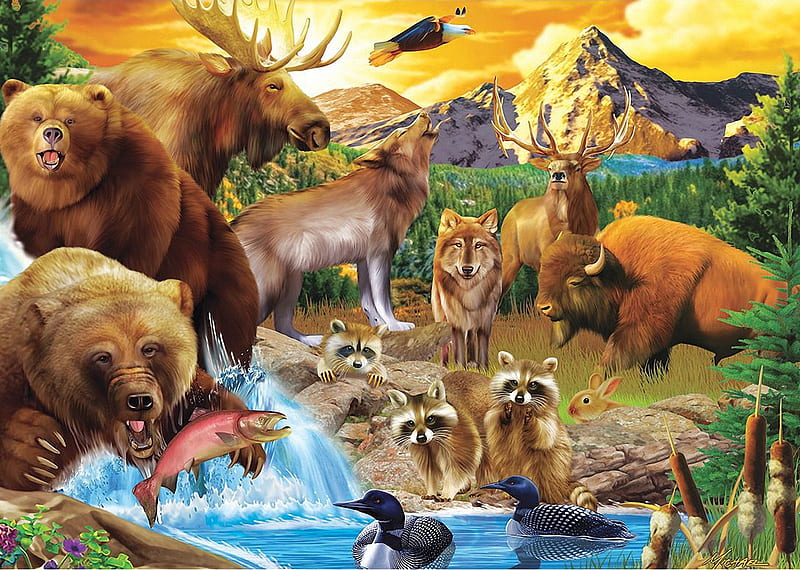 Call of the Wild, animals, raccoons, rabbit, moose, fish, eagle, buffalo, ducks, artwork, deer, mountains, painting, bears, wolves, HD wallpaper
