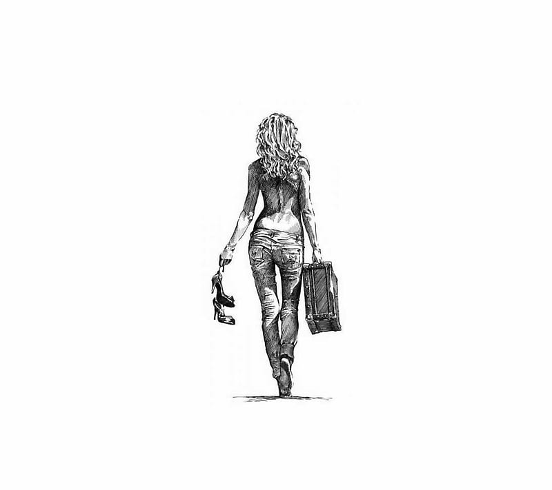 Goodbye, woman, luggage, sketch, HD wallpaper