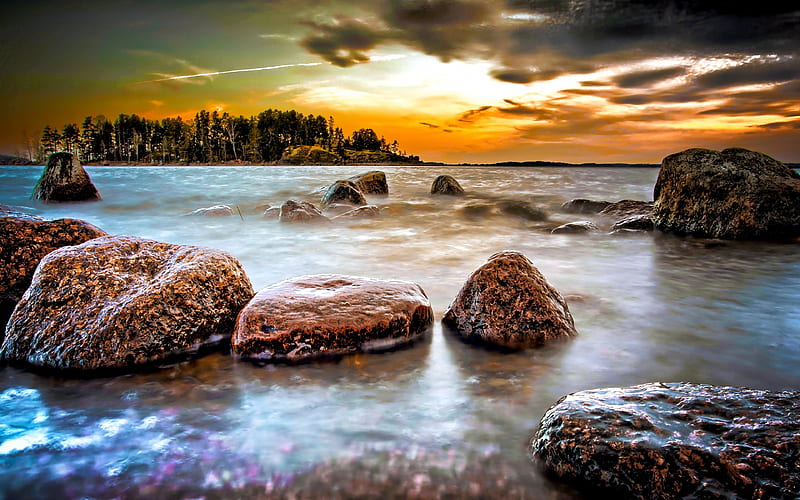 ROCKY COAST, beach, R, rock, Finland, nature, sunset, coast, landscape, HD wallpaper