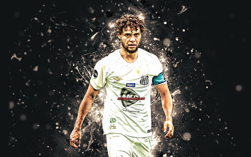 Victor Ferraz, white uniform, Santos FC, brazilian footballers, soccer, SFC, Victor Ferraz Macedo, Brazilian Serie A, football, neon lights, HD wallpaper