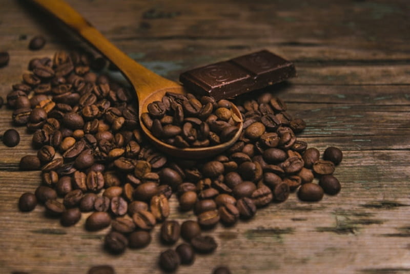 Coffee beans, Brown, Caffeine, Spoon, Coffee, Beans, Wood, Chocolate, HD wallpaper