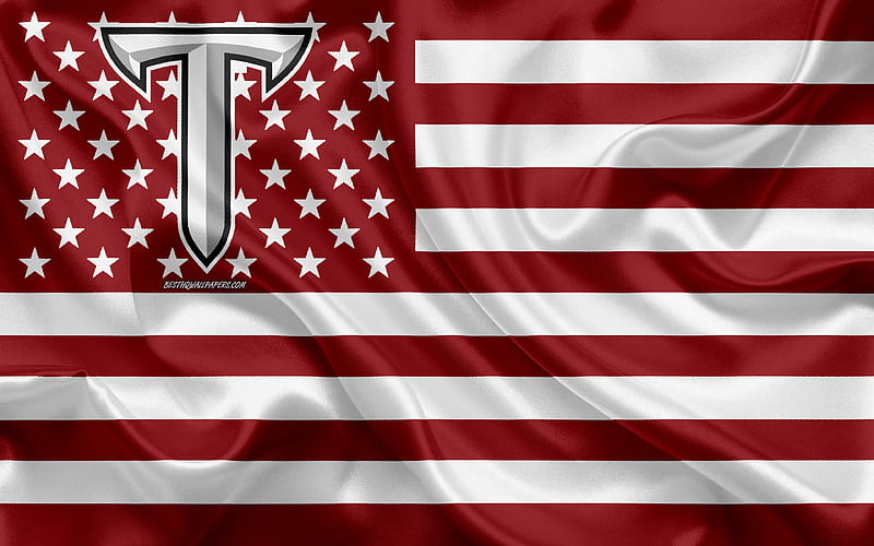 Troy Trojans, American football team, creative American flag, red and white flag, NCAA, Troy, Alabama, USA, Troy Trojans logo, emblem, silk flag, American football, HD wallpaper