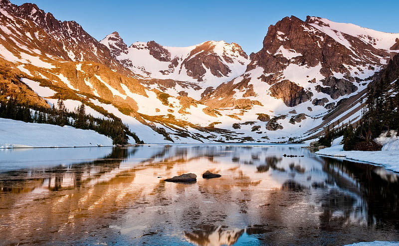 Indian Peaks Wilderness, South Central Colorado, sky, lake, winter, cold, mountain, water, snow, day, nature, reflection, HD wallpaper