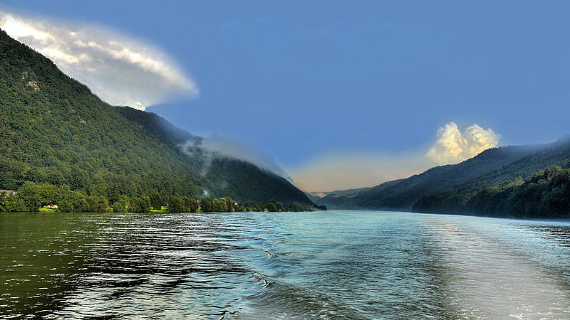 wonderful river at hofkirchen austria, wake, rive, mountains, forests, sky, HD wallpaper