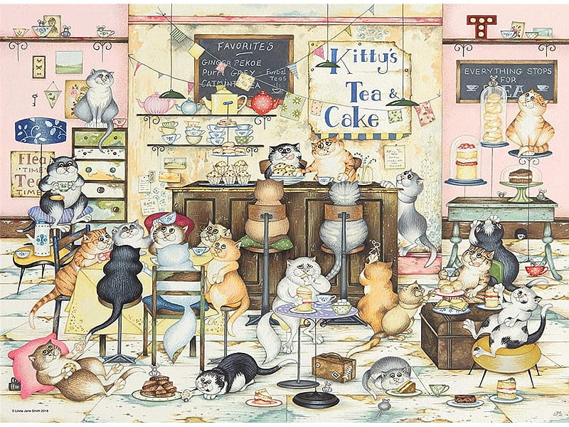 Kitten's Tea and Cake, art, pisici, fantasy, car, bar, funny, cat, crazy, HD wallpaper