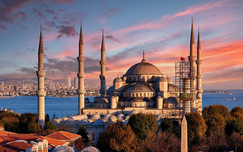 Sultan Ahmed Mosque, Blue Mosque, evening, sunset, Istanbul landmark, Sultanahmet, Istanbul, Turkey, HD wallpaper