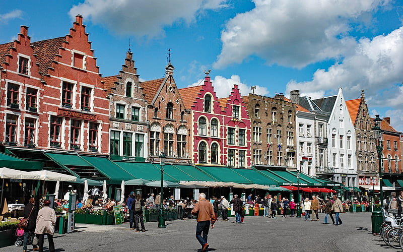 Marketplace in Bruges, Belgium, Bruges, Belgium, market, houses, HD wallpaper