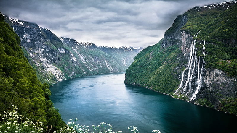 Norwegian fjord, Waterfalls, Cliffs, Sky, River, HD wallpaper