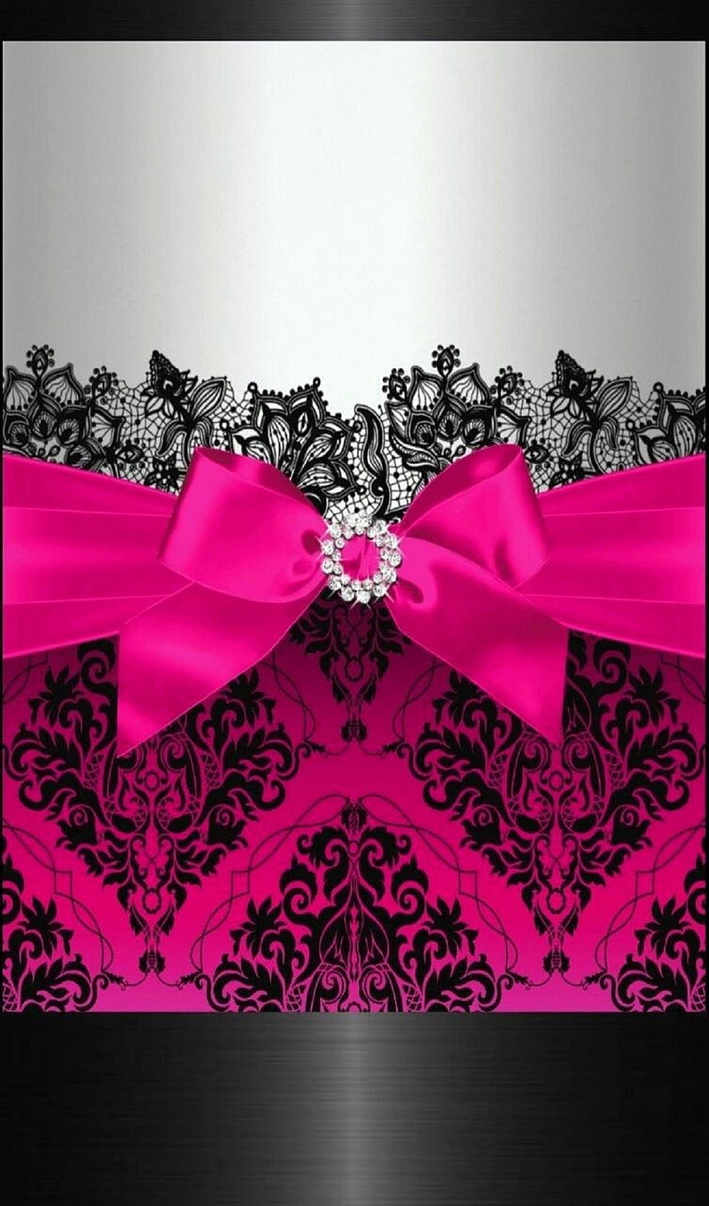 damask, black, bow, diamond, lace, pattern, pink, HD phone wallpaper