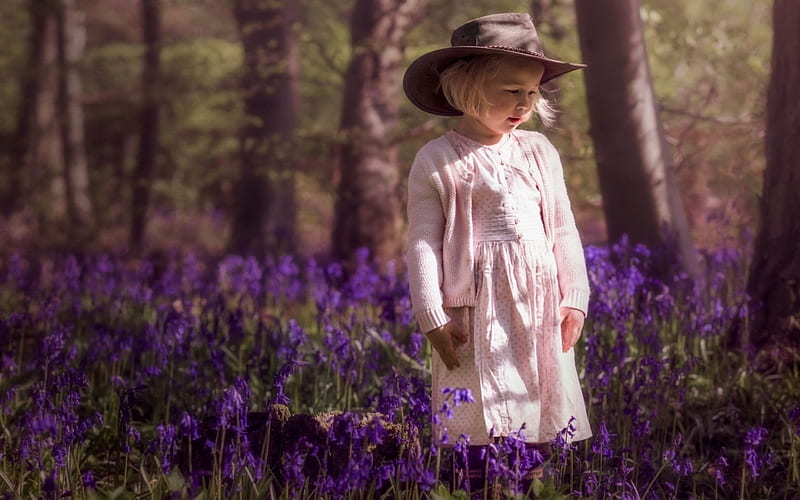 Little cowgirl, forest, dress, cowgirl, spring, hat, cute, girl, purple, flower, copil, child, white, pink, HD wallpaper