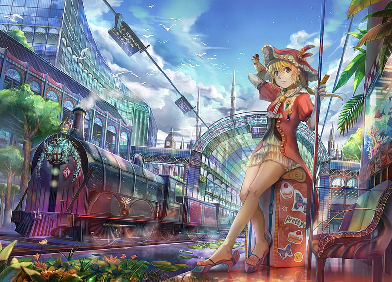 Waiting For The Train, vehicle, pretty, fish, transport, clock tower, nice, train, anime, tower, beauty, anime girl, birds, sky, sexy, trees, building, cute, water, station, scenic, dress, animal, city, hot, female, cloud, bench, transportation, hat, girl, bird, flower, scene, HD wallpaper