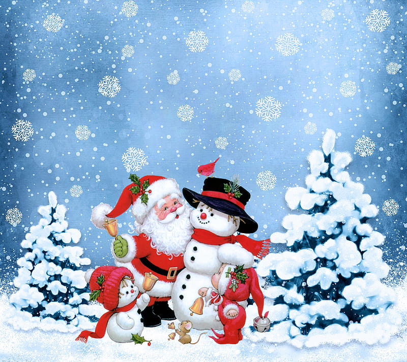 Christmas, merry, santa, snowflakes, snowman, winter, HD wallpaper