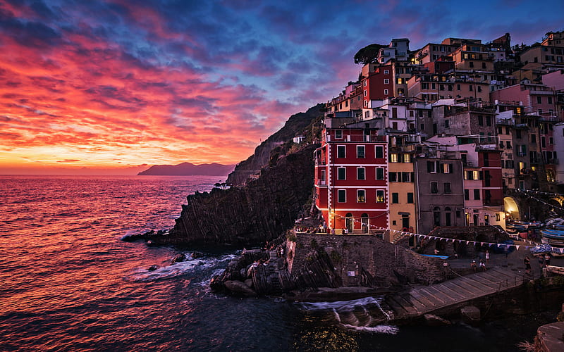 Riomaggiore, sunset, Mediterranean sea, seascape, evening, resorts, Italy, HD wallpaper