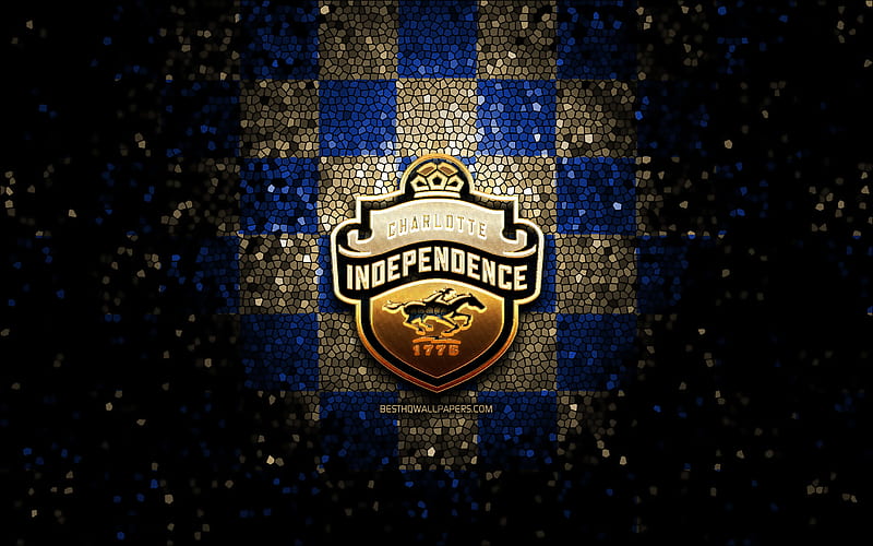 Charlotte Independence FC, glitter logo, USL, blue brown checkered background, USA, american soccer team, Charlotte Independence, United Soccer League, Charlotte Independence logo, mosaic art, soccer, football, America, HD wallpaper