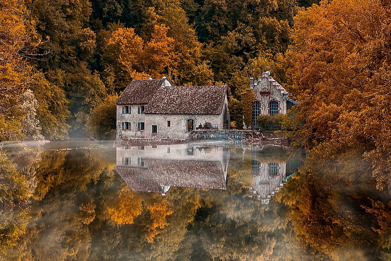 scey en varay, franche comte, france, the valley of the river loup, reflection, house, autumn, orange, peisaj, water, HD wallpaper
