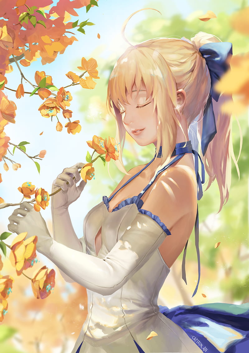 cleavage, dress, Fate/Grand Order, Saber, Saber Lily, Artoria Pendragon, Fate Series, anime girls, blonde, ponytail, flowers, HD phone wallpaper