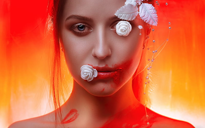 Bright Maria, red, model, orange, rose, alexander drobkov light, woman, girl, face, white, HD wallpaper