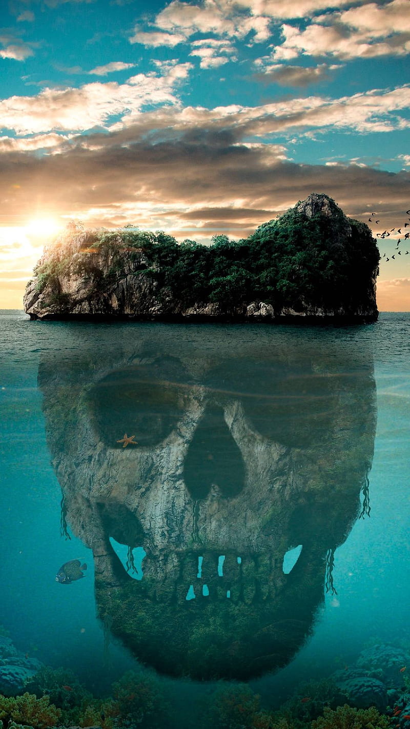 Pirate skull, ada, sun, sunshine, human, sea, water, manzara, ocean, HD phone wallpaper