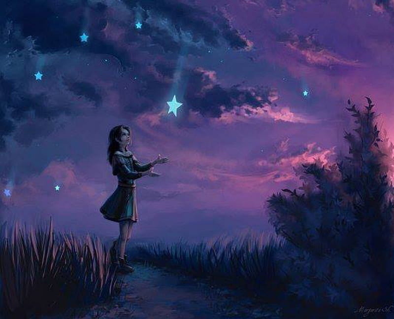 Night of the shooting stars, shooting, stars, girl, magical, trees, clouds, night, HD wallpaper