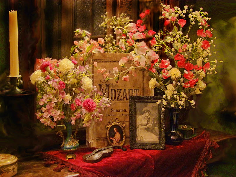 Favorite music, mozart, red, pretty, composer, vase, sonata, still life, nice, flowers, musical, favorite, table, art, candle, lovely, window, romantic, music, bouquet, rain, HD wallpaper