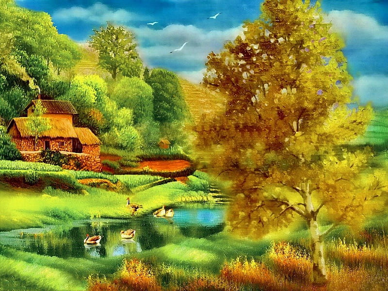 Peaceful place, autumn, house, riverbank, shore, grass, cottage, cabin, bonito, clouds, countryside, nice, calm, green, painting, village, river, reflection, lovely, greenery, place, sky, lake, pond, tree, water, peaceful, summer, meadow, HD wallpaper