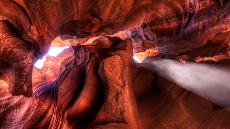 skylights in antelope canyon cave, red, rays, skylight, canyon, cave, HD wallpaper