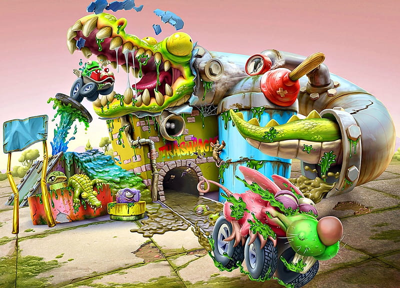 Monsterland, red, caricature, oscar ramos, fantasy, green, crocodile, car, child, HD wallpaper