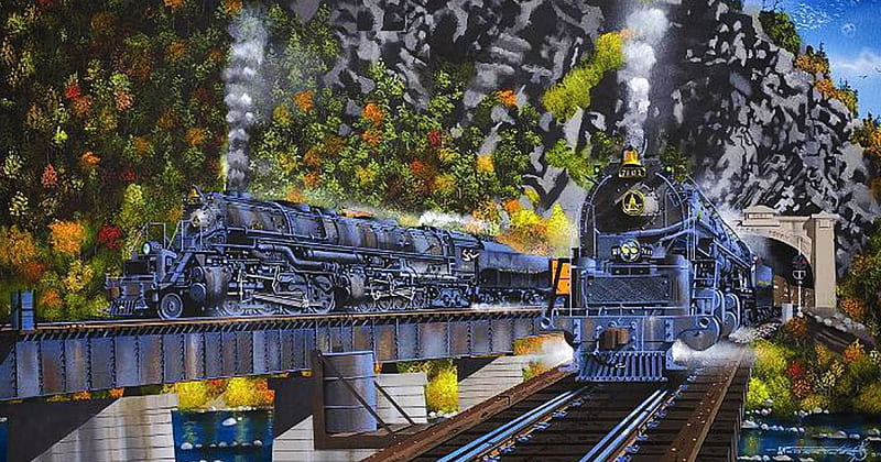 Vintage Trains, mountain, locomotives, steam, railways, artwork, HD wallpaper