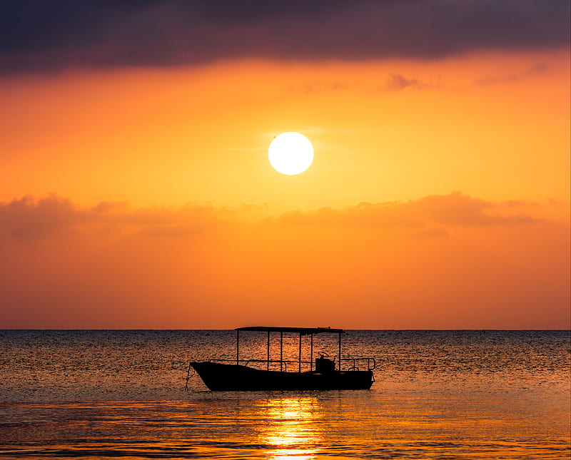 boat, sea, sunset, sun, water, dusk, HD wallpaper