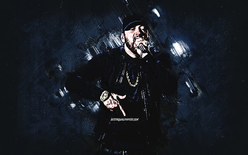 Eminem, Marshall Bruce Mathers III, american rapper, portrait, blue stone background, creative art, HD wallpaper