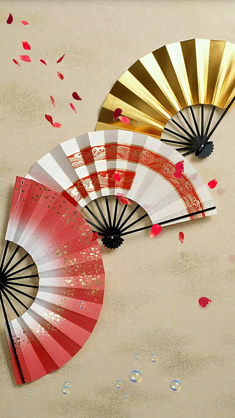 chinese fan, bubbles, china, petals, rose, sand, HD phone wallpaper