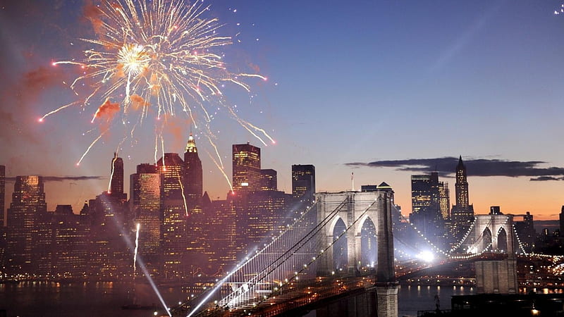 fireworks and lights over brooklyn bridge, city, bridge, fireworks, lights, HD wallpaper