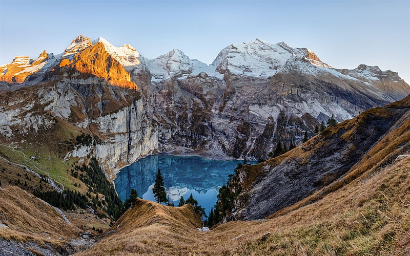 Oeschinensee, mountain lake, sunset, spring, glacial lake, mountain landscape, Alps, Kandersteg, Switzerland, HD wallpaper