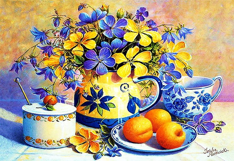 Still Life, painting, flowers, blossoms, tableware, apricots, HD wallpaper