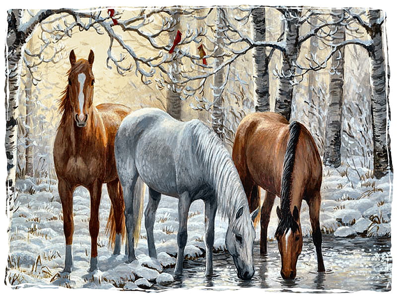 3 Horses in the Snow F2mp, art, woods, equine, artwork, horses, winter, pond, water, snow, painting, scenery, landscape, HD wallpaper