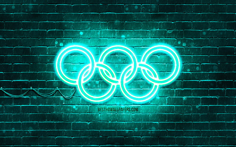 Turquoise Olympic Rings turquoise brickwall, Olympic rings sign, olympic symbols, Neon Olympic rings, Olympic rings, HD wallpaper