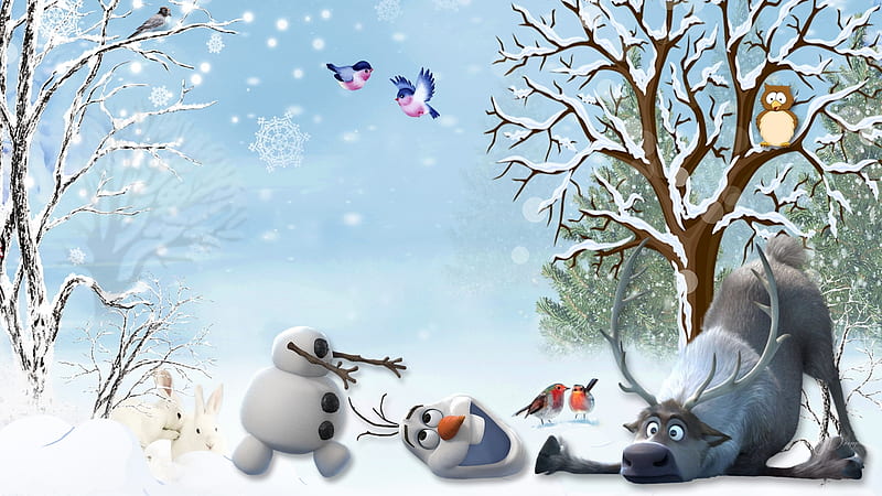 Lost My Head (Frozen), animated, movie, Olaf, birds, trees, snowman, winter, Sven, snow, reindeer, Frozen, bunnies, HD wallpaper