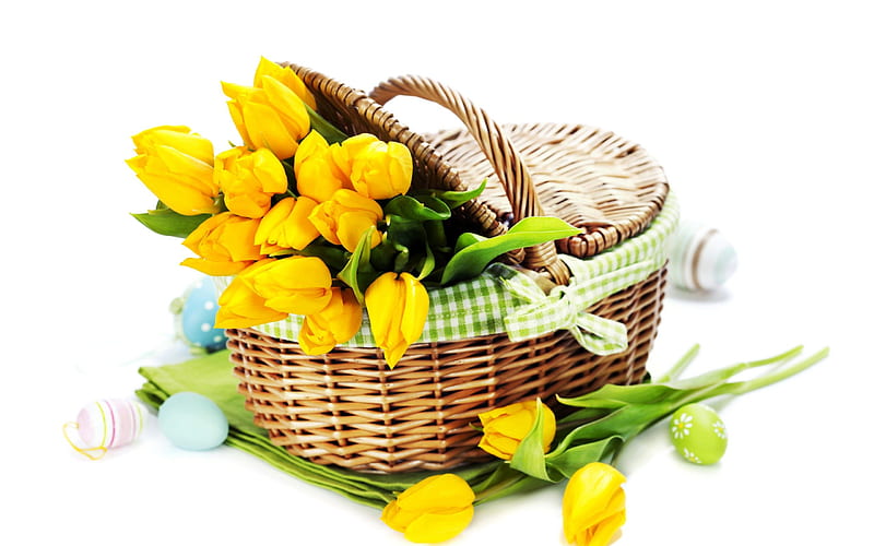 basket with yellow tulips, Easter eggs, white background, yellow tulips, spring, yellow flowers, Easter, HD wallpaper