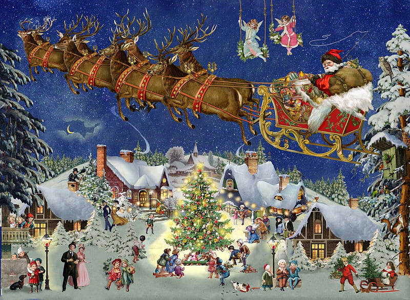 Flying Santa, sleigh, christmas, houses, artwork, xmas, winter, snow, painting, village, reindeers, HD wallpaper
