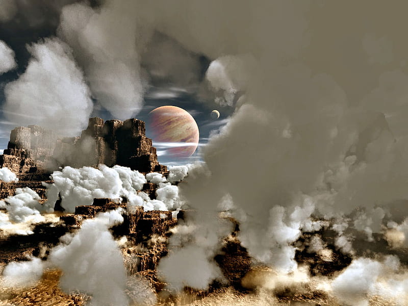 jupiter through,the clouds, moons, rock formations, gas giant, clouds, HD wallpaper