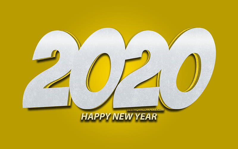 2020 yellow 3D digits, cartoon art, Happy New Year 2020, yellow background, 2020 neon art, 2020 concepts, 2020 on yellow background, 2020 year digits, New Year 2020, HD wallpaper