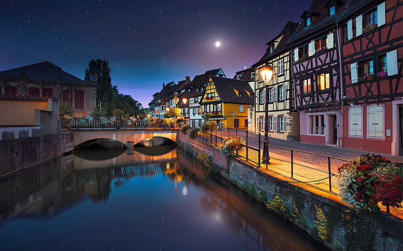 Colmar, canal, street, nightscapes, France, Europe, HD wallpaper
