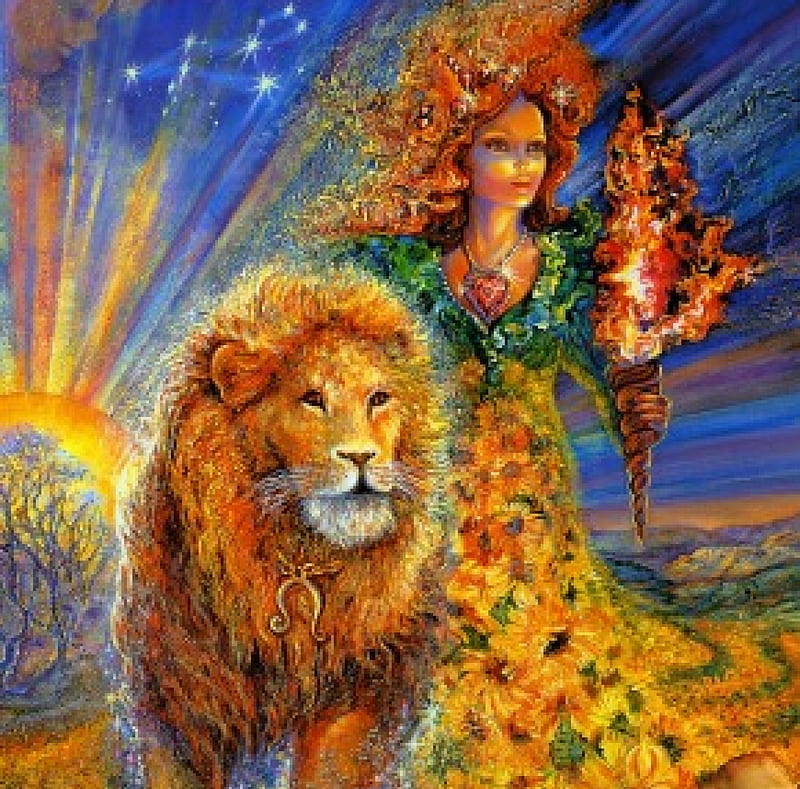 Zodiac ~ Leo, art, sun, orange, leo, zodiac, woman, lion, fire, josephine wall, fantasy, girl, green, blue, HD wallpaper